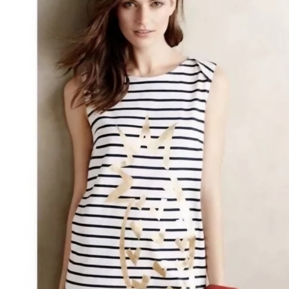 Whit Two Anthropologie Women's Blue White Striped Dress Pineapple Print Size XS.